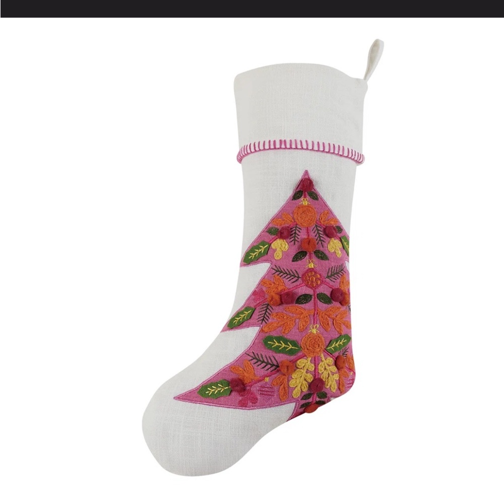 Festive Floral Embroidered Holiday Stocking